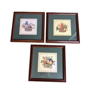 Vintage Kirklands Folk Art Fruit Kathy Seek Framed Prints Set of 3 Kitchen Decor